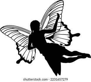 A fairy in silhouette with butterfly style wings 