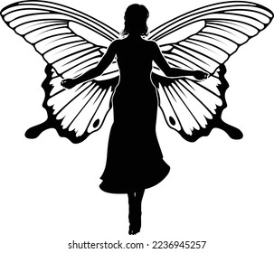 A fairy in silhouette with butterfly style wings 