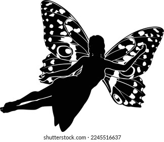 A fairy in silhouette with butterfly style wings 