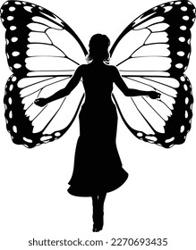 A fairy in silhouette with butterfly style wings 