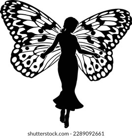 A fairy in silhouette with butterfly style wings 