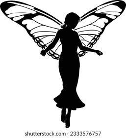 A fairy in silhouette with butterfly style wings 