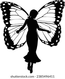 A fairy in silhouette with butterfly style wings 