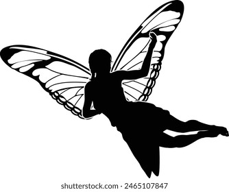 A fairy in silhouette with butterfly style wings 