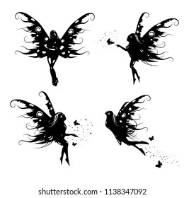 Fairy silhouette collection sets isolated on white space background, fantasy miracle nature vector illustration