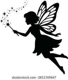 Fairy silhouette flying with a magic wand and a trail of sparkling stars isolated on a white background vector illustration