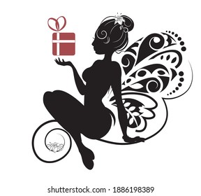 fairy silhouette with gift cardy, black and white, picture in hand drawing cartoon style for t-shirt wear fashion print design, greeting card, postcard. baby shower. party invitation