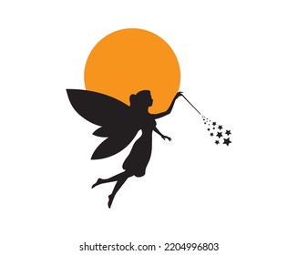 Fairy silhouette isolated on white background, vector. Fairy character illustration. Wall decals, art design, artwork. 