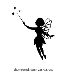 Fairy silhouette. Little creature with wings. Magical fairy creature logo. Mythical tale character in dress