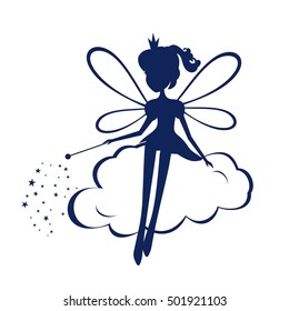 Fairy silhouette with a magic wand vector illustration. Print with fairy. Stencil fairy. Fairy silhouette sitting.