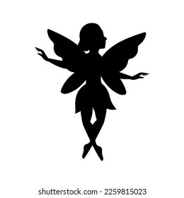 Fairy silhouette. Mythical tale character logo. Little creature with wings. Magical fairy in dress