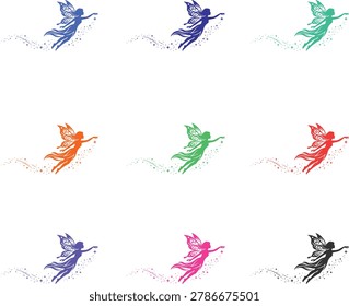 Fairy silhouette set magic dust trail fantasy character.