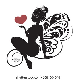 fairy silhouette Valentines Day cardy, black and white, picture in hand drawing cartoon style for t-shirt wear fashion print design, greeting card, postcard. baby shower. party invitation