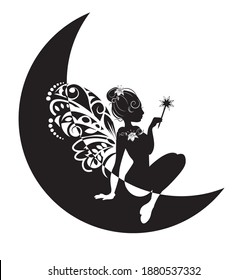 fairy silhouette with wings and magic wand on moon, black and white, picture in hand drawing cartoon style for t-shirt wear fashion print design, greeting card, postcard. baby shower. party invitation