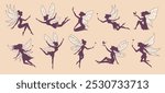 Fairy silhouettes. Fantasy female flying beauty characters with wings recent vector fairy persons in action poses