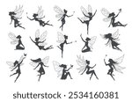 Fairy silhouettes. Flying beauty fantasy female characters in action poses recent vector fantasy female persons