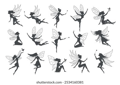 Fairy silhouettes. Flying beauty fantasy female characters in action poses recent vector fantasy female persons