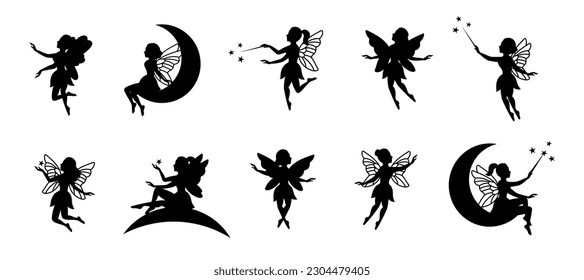 Fairy silhouettes. Funny fairies in different poses. Little creatures with wings. Mythical fairy tale characters in cute dresses. Beautiful fairies