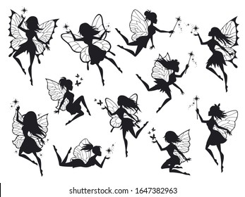 Fairy silhouettes. Magical fairies with wings, mythological winged flying fairytale characters beautiful print with fantasy nymph, design outline vector set