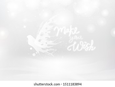 Fairy with silver stars shiny, Make your wish messages calligraphy, Christmas winter seasonal holiday backdrop luxury, white abstract background vector illustration