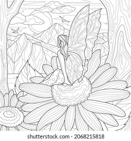Fairy sits camomile   looks at the mountains   the sun Coloring book antistress for children   adults  Illustration isolated white background Zen  tangle style  Hand draw 
