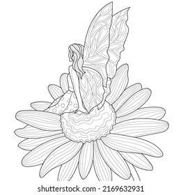 Fairy sits chamomile Coloring book antistress for children   adults  Illustration isolated white background Zen  tangle style  Hand draw