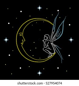 Fairy sits on the moon. Dial hours