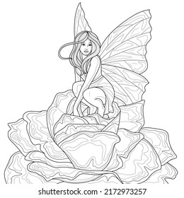 Fairy sits rose Coloring book antistress for children   adults  Illustration isolated white background  Hand draw