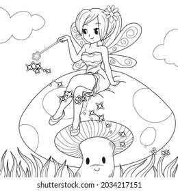 Fairy sitting in the mushroom cartoon vector illustration isolated white background Black   white outline coloring book pages