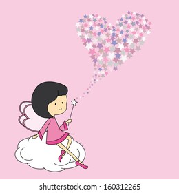 Fairy sitting on a cloud with a magic wand. Love card