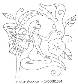 The fairy is sitting on the leaf and catching a drop of water. Design for coloring book. Vector