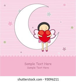 Fairy sitting on the moon embracing a heart