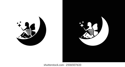 fairy sitting on moon icon Thin line illustration set