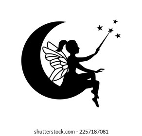 Fairy sitting on the moon silhouette. Little creature with wings. Magical fairy creature logo. Mythical tale character in dress