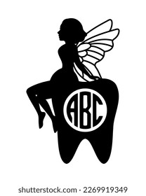 Fairy sitting on the tooth monogram. Dental monogram. Little creature with wings. Magical tooth fairy logo. Mythical tale character