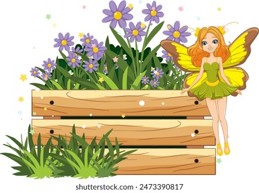 Fairy sitting on wooden fence with flowers