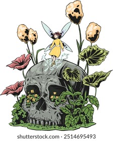 Fairy and skull in botanical garden t shirt illustration
