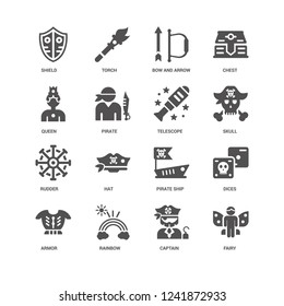Fairy, Skull, Telescope, Armor, Dices, Shield, Queen, Rudder, Captain, Rainbow, Bow and arrow icon 16 set EPS 10 vector format. Icons optimized for both large small resolutions.