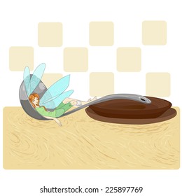 fairy sleaping in a soup ladle