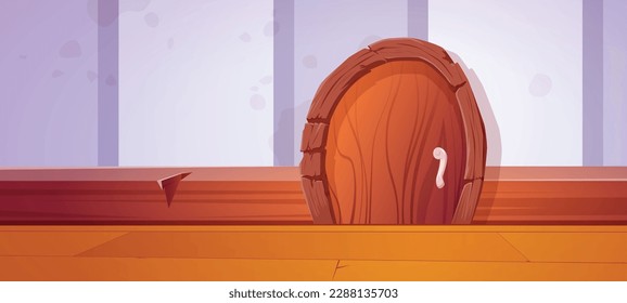 Fairy small mouse hole house. Cute cartoon hidden rat home door in baseboard background. Comic close mice burrow vector illustration. Brown tiny entrance for lodger in plinth wide game wallpaper.