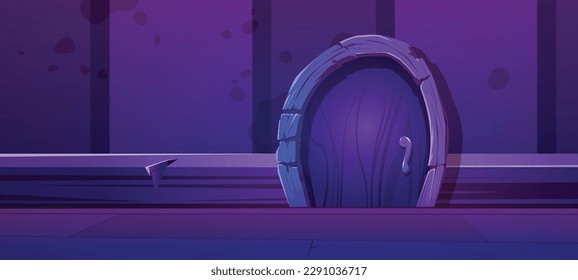 Fairy small mouse hole house at night. Cute cartoon hidden rat home door in baseboard background. Comic close mice burrow vector illustration. Brown tiny entrance for lodger in plinth game wallpaper.