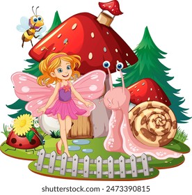 Fairy with snail, bee, and ladybug friends