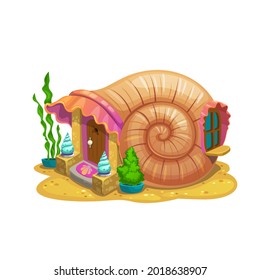 Fairy snail shell house or dwelling of sorceress or sea mermaid. Vector fairytale undersea conch home of curve spiral shape, wooden door, seaweeds and stones on ocean sandy bottom, cartoon building