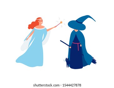 Fairy and sorceress flat vector illustration. Young smiling girl with magic stick and angry witch cartoon characters. Good and evil battle concept. Female magicians isolated on white background.