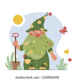 Fairy spring cute dwarf with shovel watching butterfly.