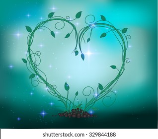 fairy sprout in the heart composition with sparkle and light, Fairy plant and forest decorations looks like heart, vector