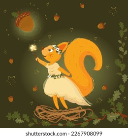 Fairy squirrel. Sorceress character squirrel with  magic wand and walnut. Little beautiful squirrel  in fancy dress. Dancing squirrel. Vector