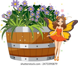 Fairy standing beside a flower barrel
