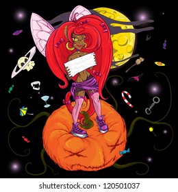 A fairy stands on a pumpkin with an empty tablet in hands.  Can be used as invitation for Halloween. Vector illustration.