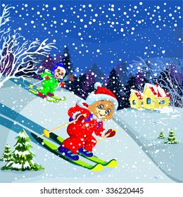 fairy story, dogs on skis, the bear and the monkey, skiing, frost, new year's eve, merry Christmas and happy new year, 2016